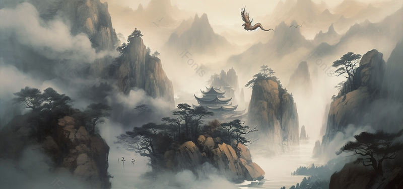 飞龙在天石壁上的树中国风意境水墨画背景,插画/手绘图,插画/手绘图库,插画/手绘图下载,插画/手绘